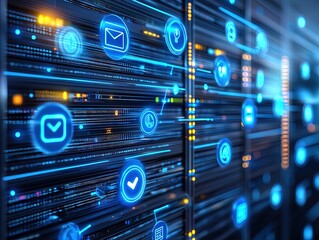 Obraz premium Digital Network Visualization Poster: Vibrant Blue Avatars and Messaging Icons in a Dark Server Environment - Perfect for Enhancing Your Space with Themes of Connection and Communication