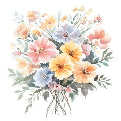 Watercolor floral bouquet, pastel colors, vintage style clipart on a white background