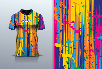 Sport jersey design template mockup paint abstract for football soccer, running, esports, blue purple orange yellow color