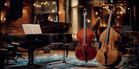 A black grand piano, a double bass, and a cello are arranged on a stage in a dimly lit setting.