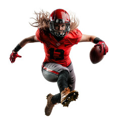 Female American football player in action with red uniform and helmet, running and holding a football on white background.