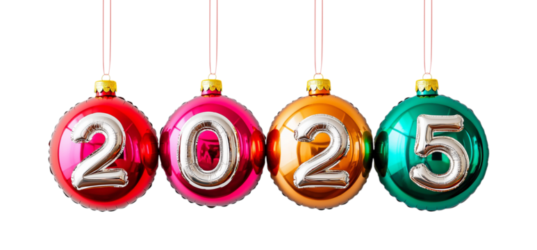 Christmas balls with numbers 2025 hanging and cut out on   transparent background