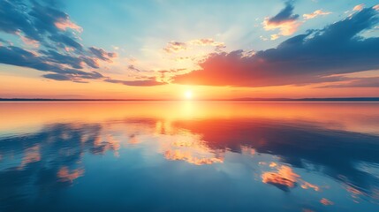 Naklejka premium A breathtaking sunset over a calm lake, the sun casting golden rays across the water, with a sky full of vibrant colors reflected in the water.