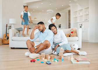 Chaos, running and parents with stress, kids and tired with burnout, anxiety and noise in home...
