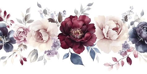Watercolor floral bouquet, peonies and roses in burgundy, red, purple, and pink cream colors, on a white background, clipart.