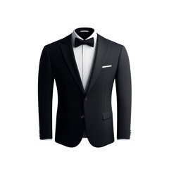Elegant black tuxedo with a white dress shirt and black bowtie, suitable for formal events and special occasions.