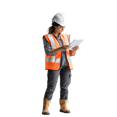 Female construction worker in safety gear using a tablet. Isolated on white background. Professional, safety, and technology concept.