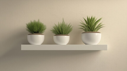 Minimalist white pots on floating shelves, each showcasing a unique rare plant in an upscale home