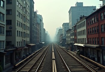 Naklejka premium Japan's Urban Tapestry: Top-to-Bottom Photography of Classic Trains Intersecting Modern City Skylines and Residential Complexes