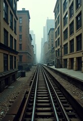 Fototapeta premium Discover Japan's Architectural Harmony: Downward Angle Shots of Vintage Trains Amidst Modern City Skylines and Residential Areas