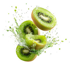 Fresh kiwi slices with a splash of water, showcasing vibrant green colors and juicy texture,...