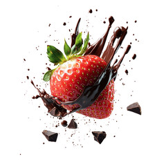 Vibrant strawberry dipped in rich chocolate splashes with pieces, captured in mid-air for a delicious and tempting treat.
