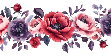 Watercolor floral bouquet, peonies and roses in burgundy, red, purple, and pink cream colors, 