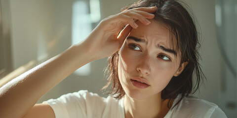 Fototapeta premium Close up of a worried woman with dark hair touching her forehead, generative AI