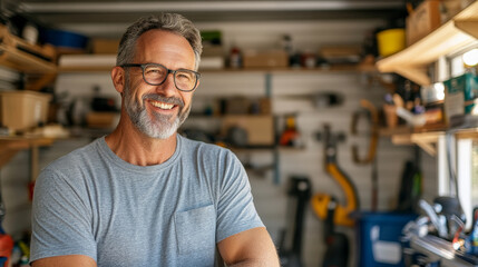 Fototapeta premium A smiling man stands confidently in workshop filled with tools and equipment, showcasing warm and inviting atmosphere. His relaxed demeanor reflects passion for craftsmanship and creativity