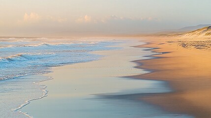 Fototapeta premium A tranquil beach scene with calm waves lapping at the shore, the golden sand reflecting the soft light of the setting sun.