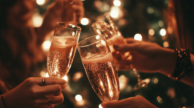 group of people clinking glasses of tasty champagne at party