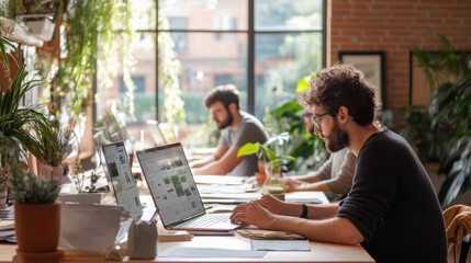 Focused individuals work collaboratively in bright, plant filled office space, utilizing laptops and engaging in creative tasks. atmosphere is vibrant and productive, fostering teamwork and innovation