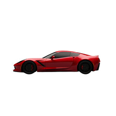 Sleek red sports car on a white background, showcasing its stylish design and aerodynamic features in a side profile view.