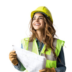 Smiling female construction worker in safety gear holding blueprints, looking confident and optimistic at a construction site.