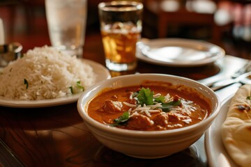 Delicious Chicken Curry Served with Rice and Naan in Inviting Restaurant Setting

