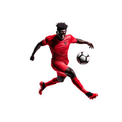 Dynamic soccer player in red uniform kicking a soccer ball against a white background, showcasing athleticism and intense focus.