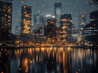Obraz premium A cityscape at night with glowing lights reflected in the water.