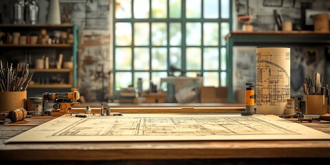 Fototapeta premium A close-up of a blueprint and tools on a wooden workbench in a workshop.