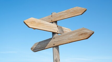 Fototapeta premium A weathered wooden signpost with blank arrows points in various directions against a clear blue sky.