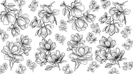 Continuous Line Drawing Set Of Plants Black Sketch of Flowers Isolated on White Background. Flowers One Line Illustration. Minimalist Prints Set. Vector EPS 10.