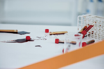 Blood, DNA and tape with barrier for danger, investigation or no entry of contamination. Empty,...