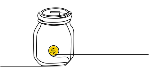 Coins in a glass jar, stacking coins in a jar, savings, money piggy bank, tips one line art. Continuous line drawing of bank, data, savings, Coins in a glass jar one line art