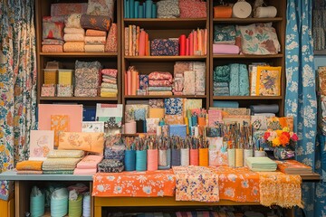 A colorful and eclectic collection of fabrics and stationary displayed in a small shop.