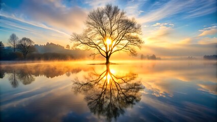 Fototapeta premium Picturesque view of leafless lonely tree growing in a lake at dawn with fog