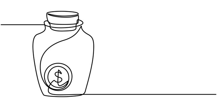 recommend clip art: Coins in a glass jar, stacking coins in a jar, savings, money piggy bank, tips one line art. Continuous line drawing of bank, data, savings, Coins in a glass jar one line art