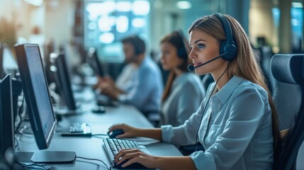A customer service agent working in a call center, wearing a headset and typing on a computer, surrounded by other agents.