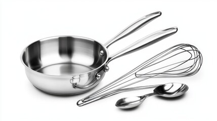 stainless steel kitchen tools, pot, pan, wire whisk on white Background