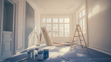 A home repair specialist painting the walls of a bright living room, with paint cans and ladders visible.