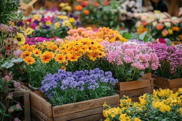 A colorful display of flowers in wooden crates at a market.