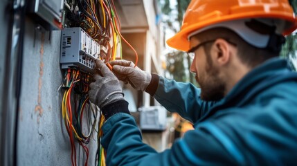 A professional electrician connecting wires to a new electrical socket on a construction site.