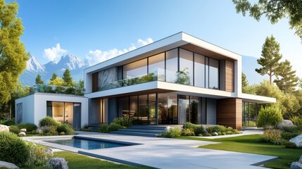 Fototapeta premium Modern Villa with Sustainable Design and Scenic Landscape