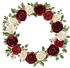 Watercolor floral wreath with burgundy and cream roses, clipart on a white background with defined edges.