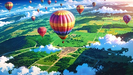 Fototapeta premium Aerial view of a colorful hot air balloon festival, with dozens of balloons floating above a vast landscape, their vibrant colors contrasting against a deep blue sky, creating a festive and lively mob