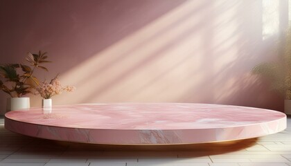 Fototapeta premium Table in an empty studio room. pink marble podium for product. 3D template with a stand for advertising design. Mockup with tabletop for cosmetics presentation. sunlight