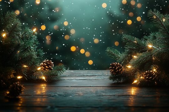 wooden table with a dark green background and golden lights, Christmas tree branches for product display or presentation blurred snowflakes falling in the air