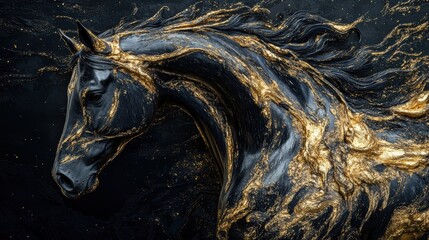 Majestic Black Horse with Golden Accents in Dynamic Artistic Representation