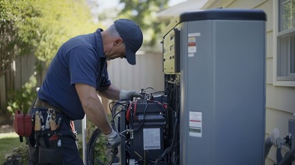 An electrician installing a backup generator system in a residential home.
