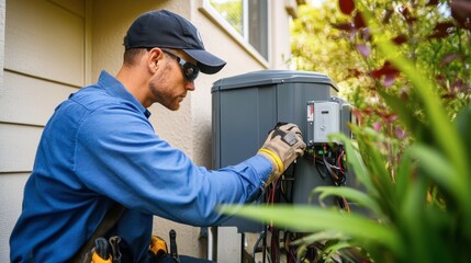 An electrician installing a backup generator system in a residential home.