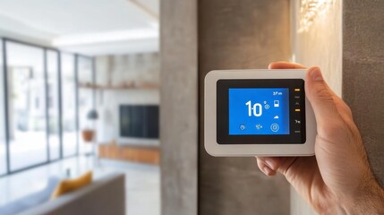 An electrician installing a smart thermostat in a modern home.