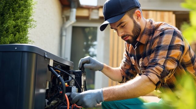 An electrician installing a backup generator system in a residential home.